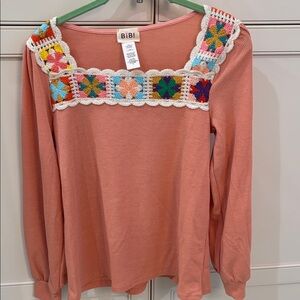 BiBi Women's Coral Crochet Detail Long Sleeve Top NWOT